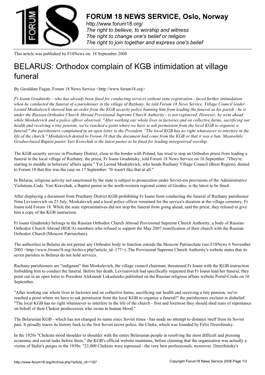 Orthodox Complain of KGB Intimidation at Village Funeral
