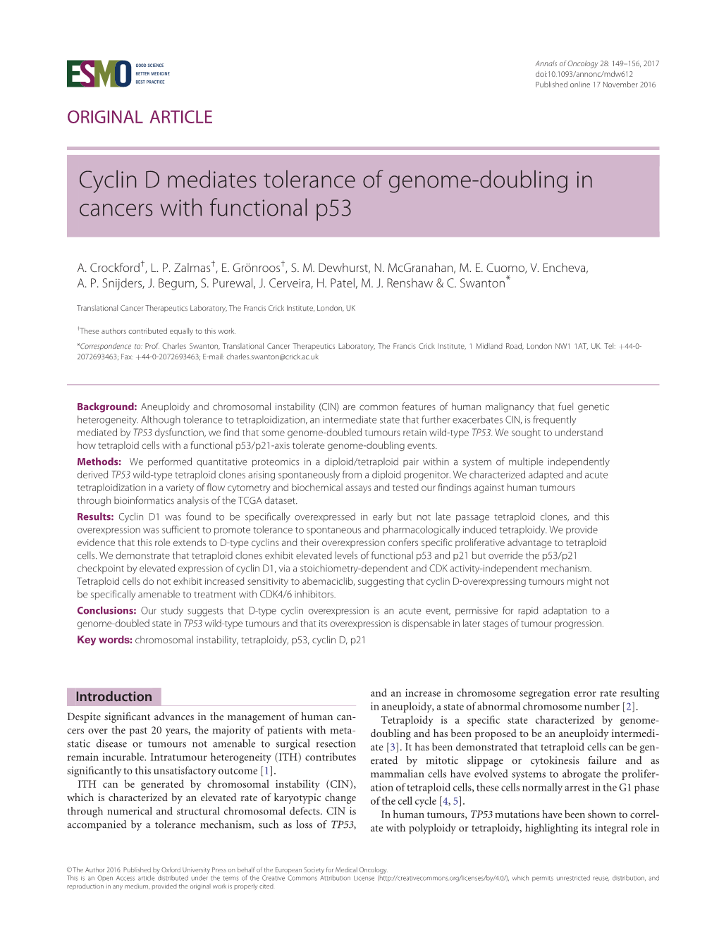 Cyclin D Mediates Tolerance of Genome-Doubling in Cancers with Functional P53