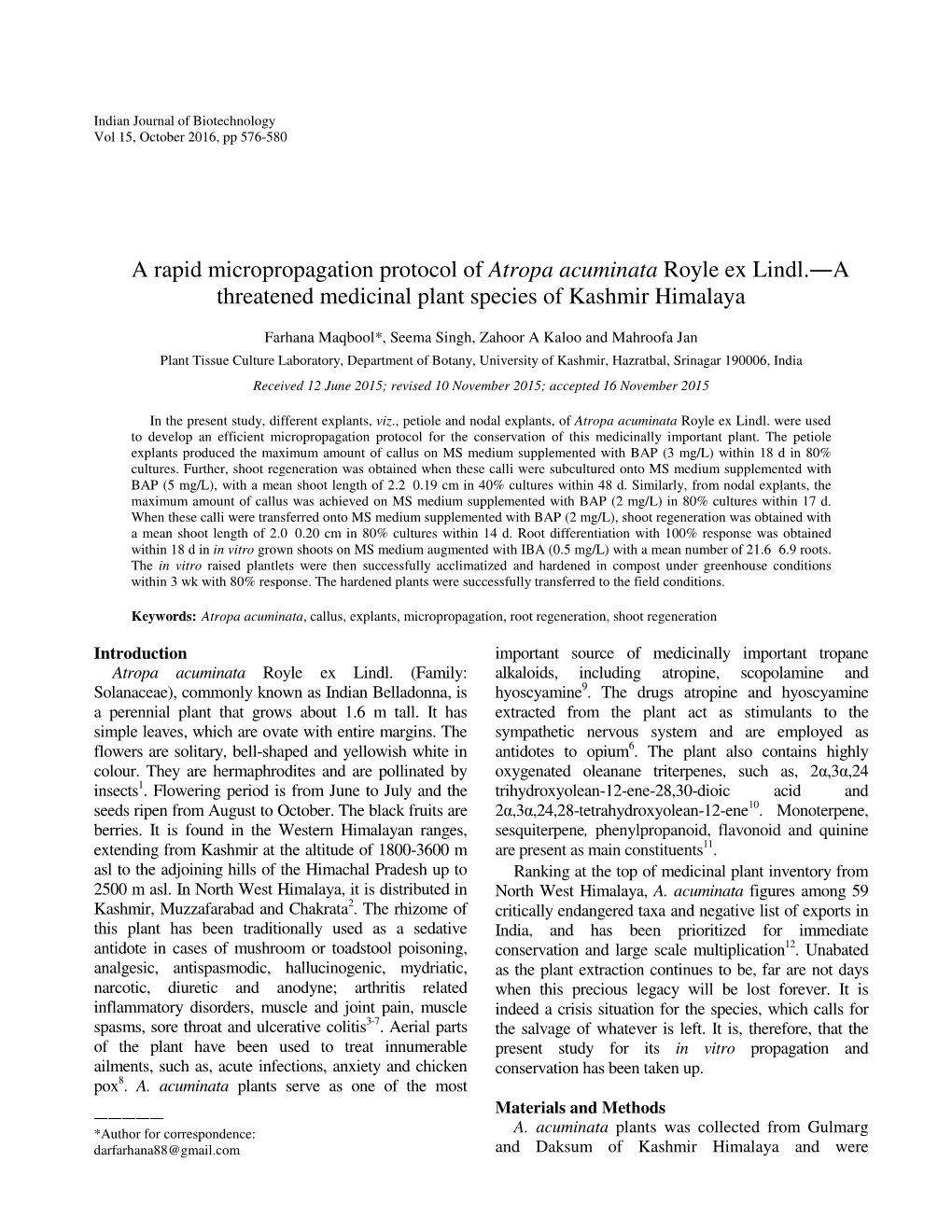 A Rapid Micropropagation Protocol of Atropa Acuminata Royle Ex Lindl.―A Threatened Medicinal Plant Species of Kashmir Himalaya