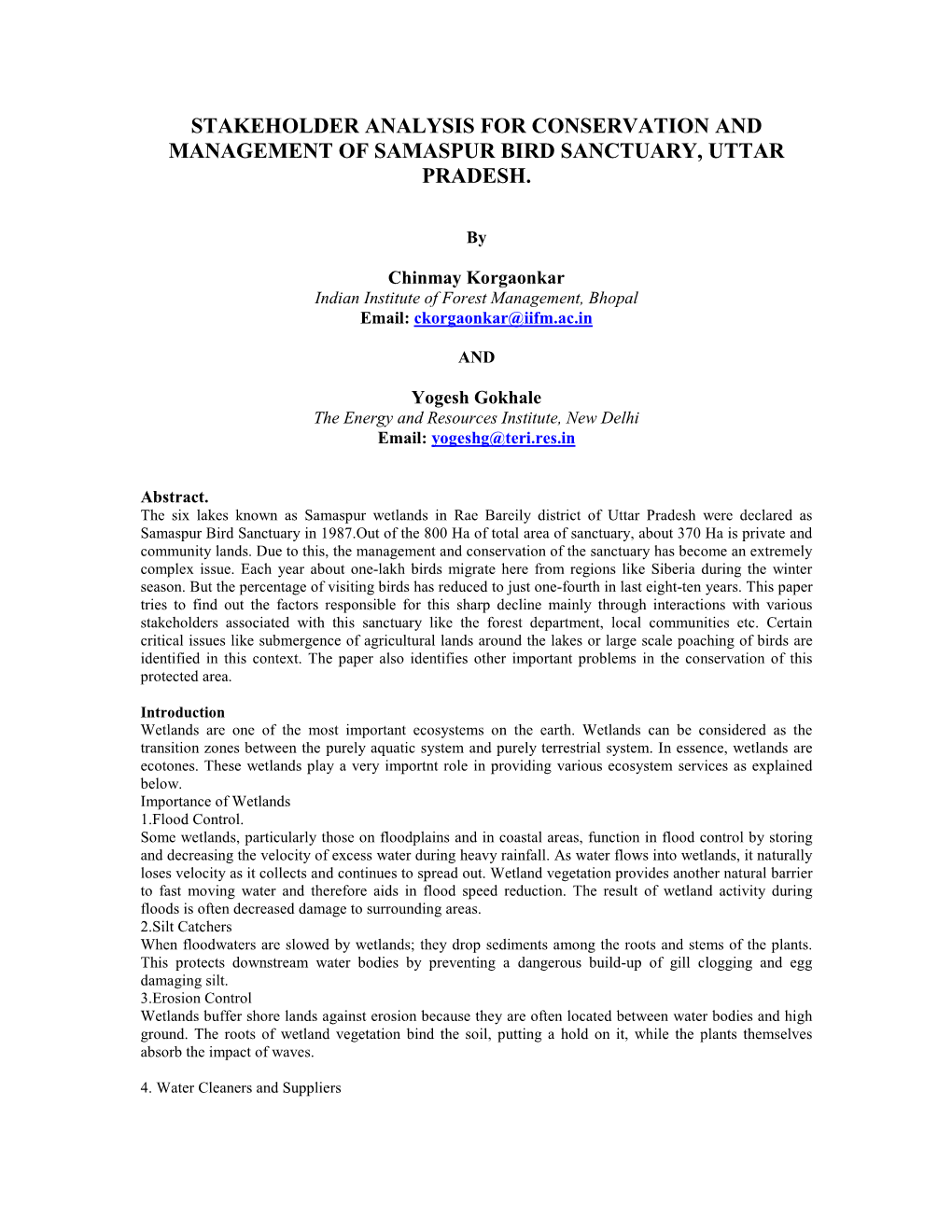 Stakeholder Analysis for Conservation and Management of Samaspur Bird Sanctuary, Uttar Pradesh