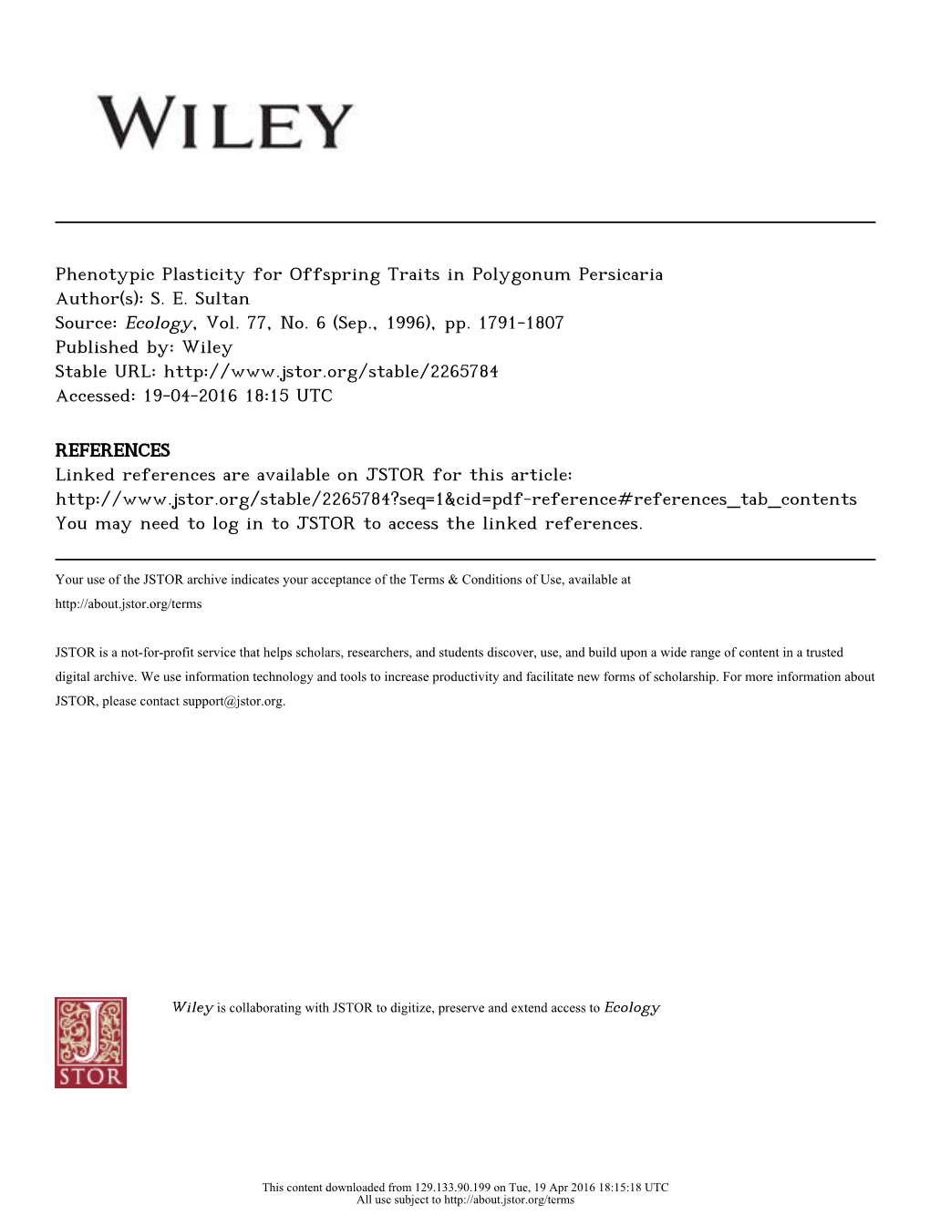 Phenotypic Plasticity for Offspring Traits in Polygonum Persicaria Author(S): S