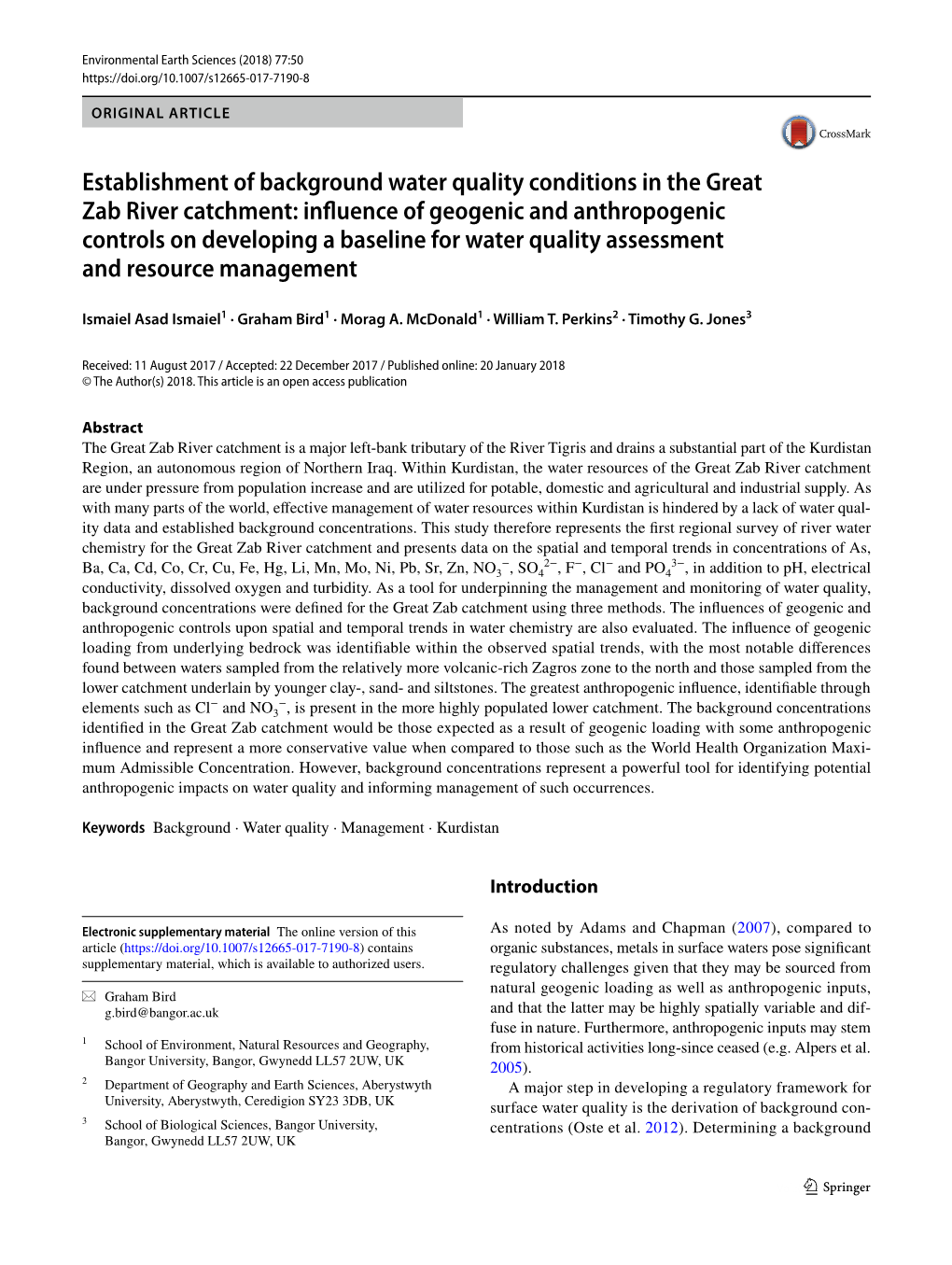 Establishment of Background Water Quality Conditions in the Great Zab