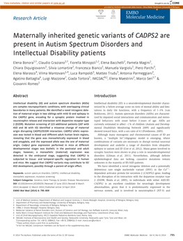 Maternally Inherited Genetic Variants of CADPS2 Are Present in Autism Spectrum Disorders and Intellectual Disability Patients