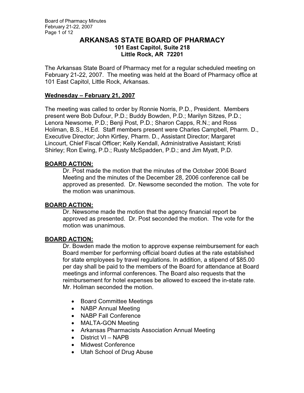 February 21-22, 2007 Page 1 of 12 ARKANSAS STATE BOARD of PHARMACY 101 East Capitol, Suite 218 Little Rock, AR 72201