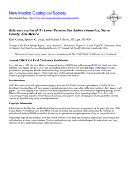 Reference Section of the Lower Permian San Andres Formation, Sierra County, New Mexico Karl Krainer, Spencer G