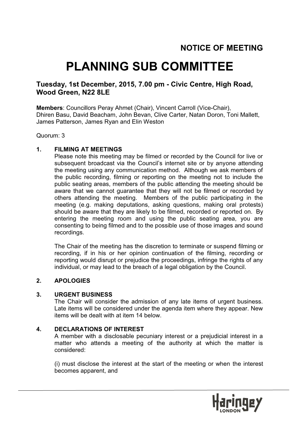 Agenda Document for Planning Sub Committee, 01/12/2015 19:00