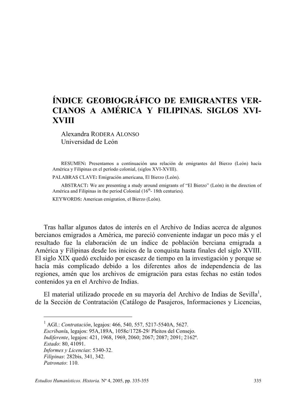 Índice Geobiográfico De Emigrantes Ver- Cianos a América Y Filipinas