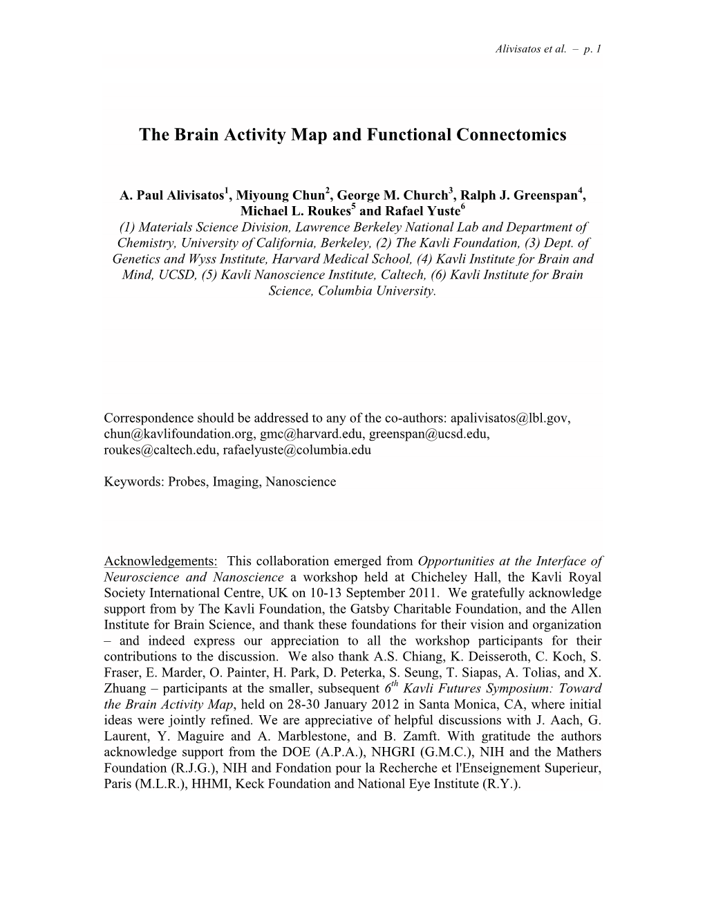 The Brain Activity Map and Functional Connectomics