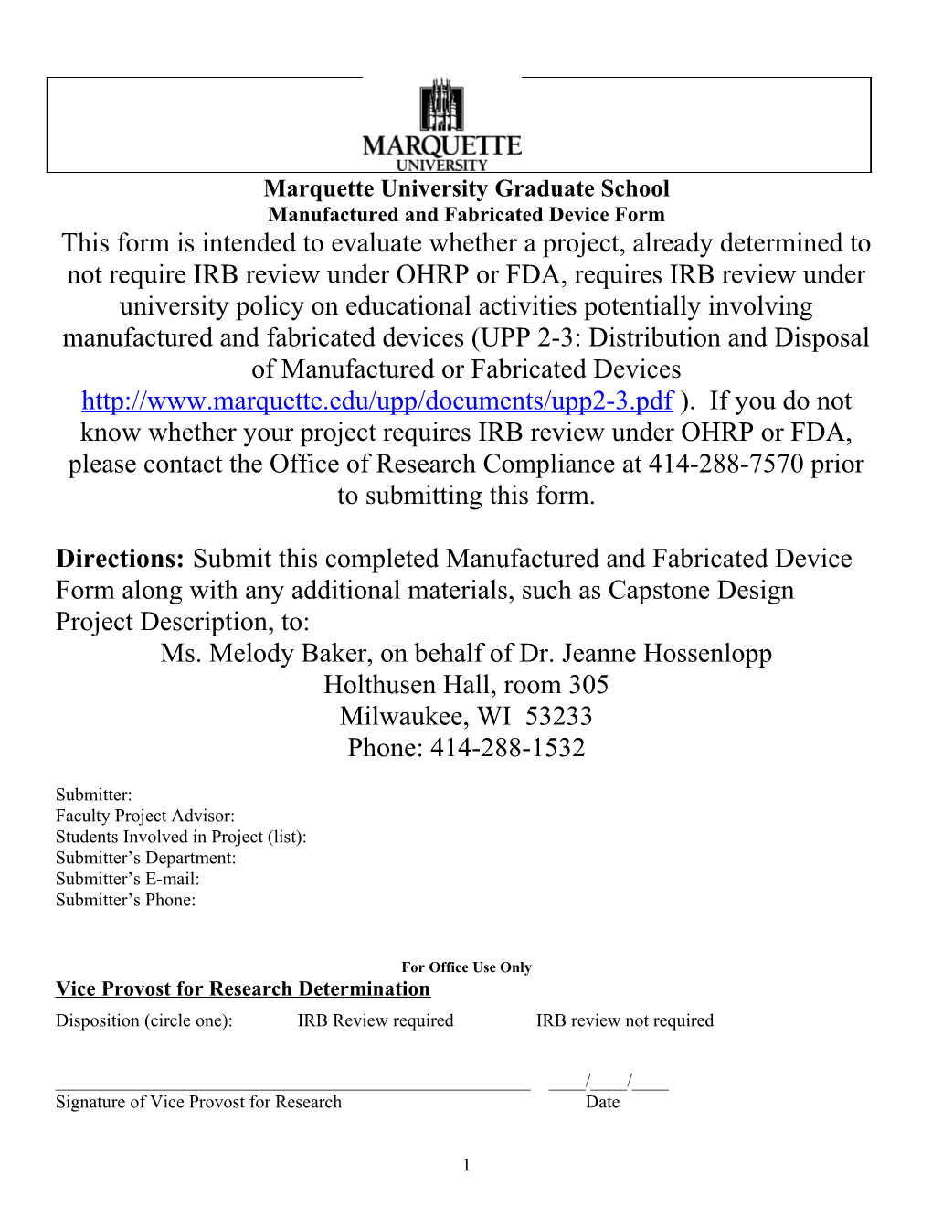 Marquette University Human Subjects Protocol Continuing Review Form