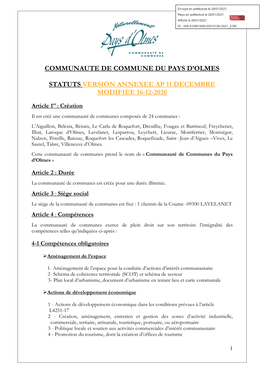 Communaute De Commune Du Pays D'olmes Statuts Version Annexee Ap 11 Decembre Modifiee 16-12-2020