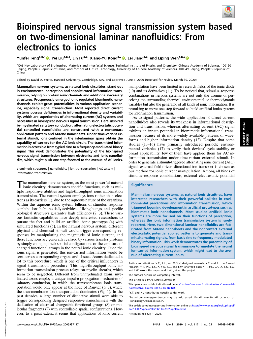 Bioinspired Nervous Signal Transmission System Based on Two-Dimensional Laminar Nanofluidics: from Electronics to Ionics