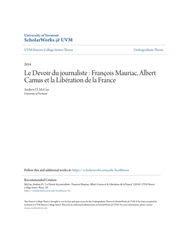 François Mauriac, Albert Camus Et La Libération De La France Andrew D
