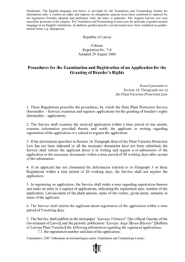 Procedures for the Examination and Registration of an Application for the Granting of Breeder's Rights