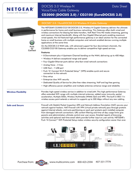 DOCSIS 3.0 Wireless-N Data Sheet Voice/Data Cable Gateway CG3000 (DOCSIS 3.0) / CG3100 (Eurodocsis 3.0)