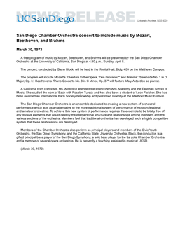 San Diego Chamber Orchestra Concert to Include Music by Mozart, Beethoven, and Brahms