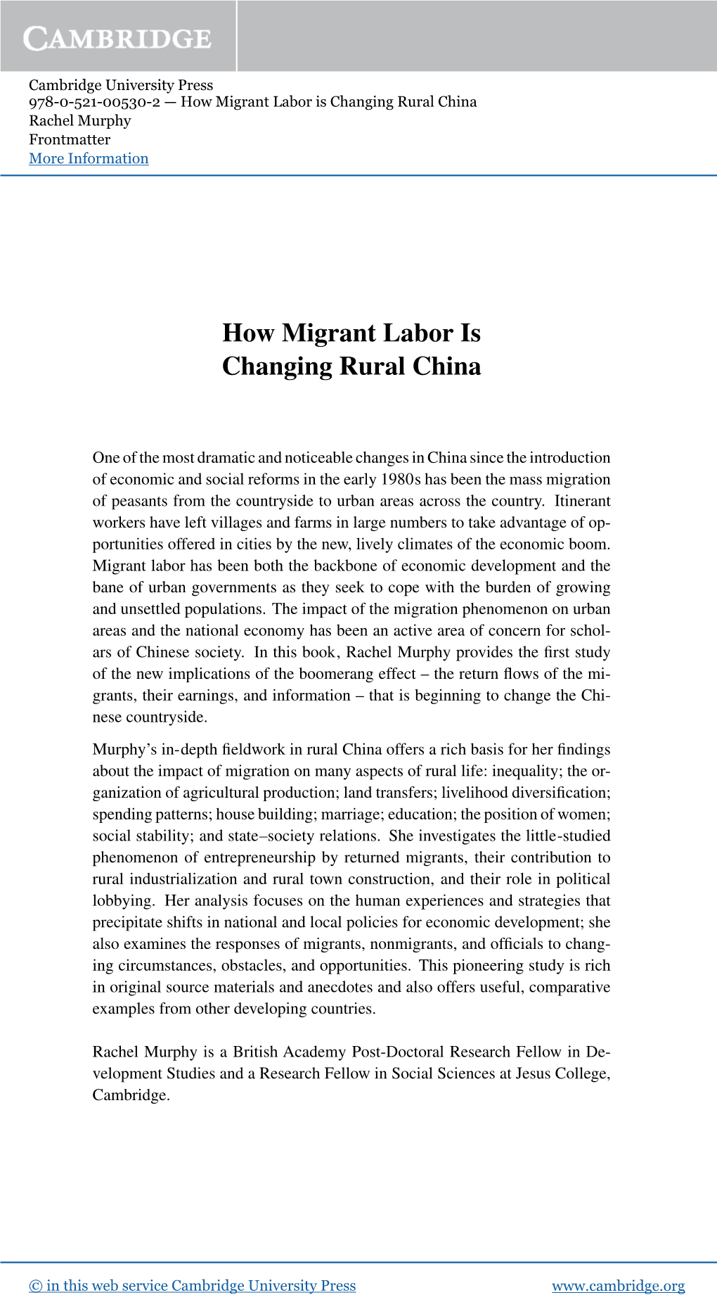 How Migrant Labor Is Changing Rural China Rachel Murphy Frontmatter More Information