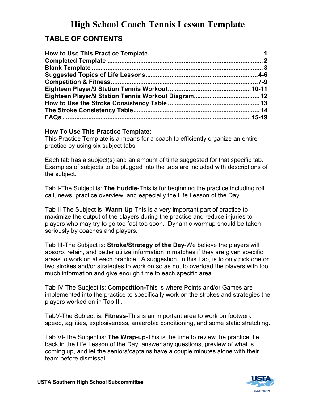 High School Coach Tennis Lesson Template TABLE of CONTENTS