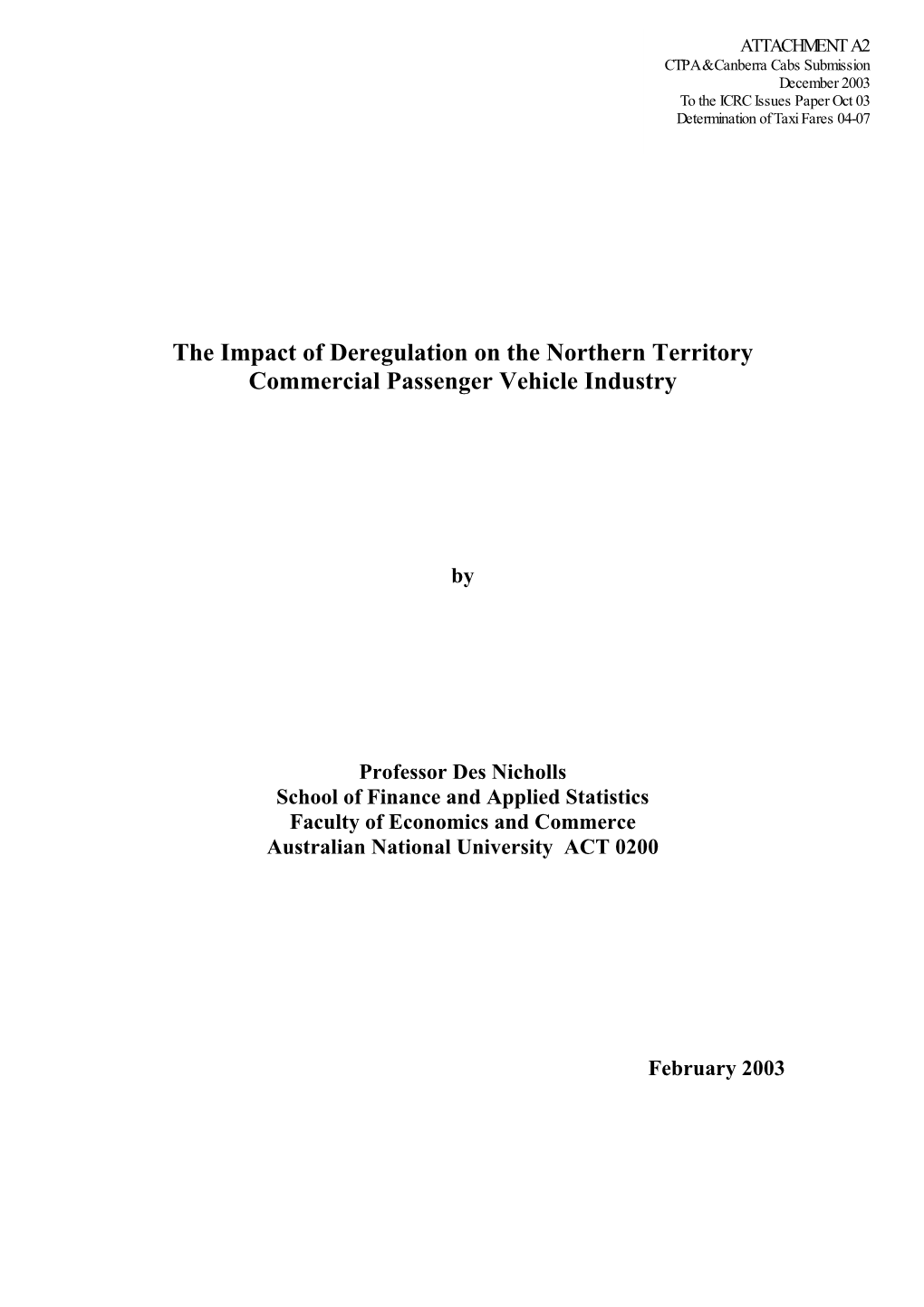 The Impact of Deregulation on the Northern Territory Commercial Passenger Vehicle Industry