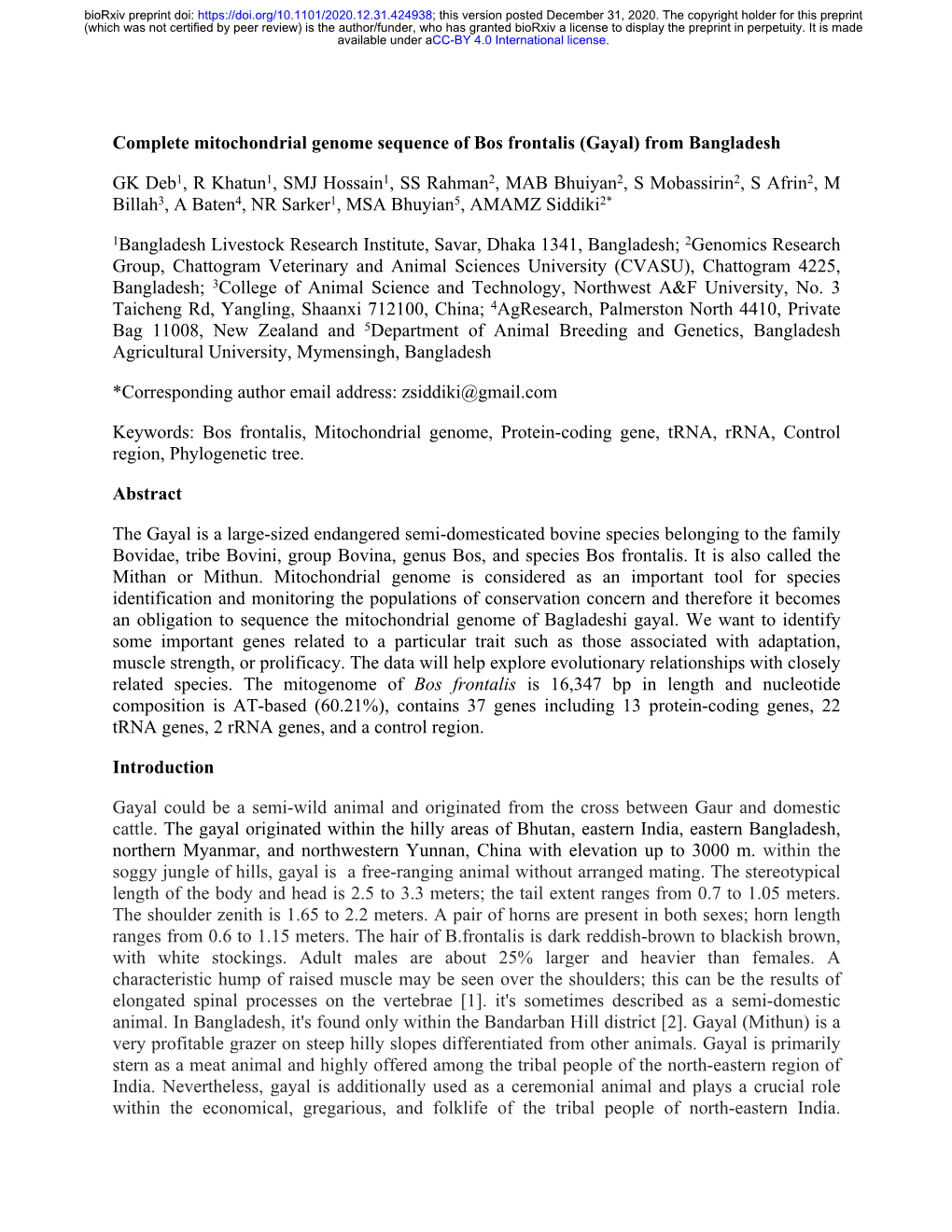 Complete Mitochondrial Genome Sequence of Bos Frontalis (Gayal) from Bangladesh