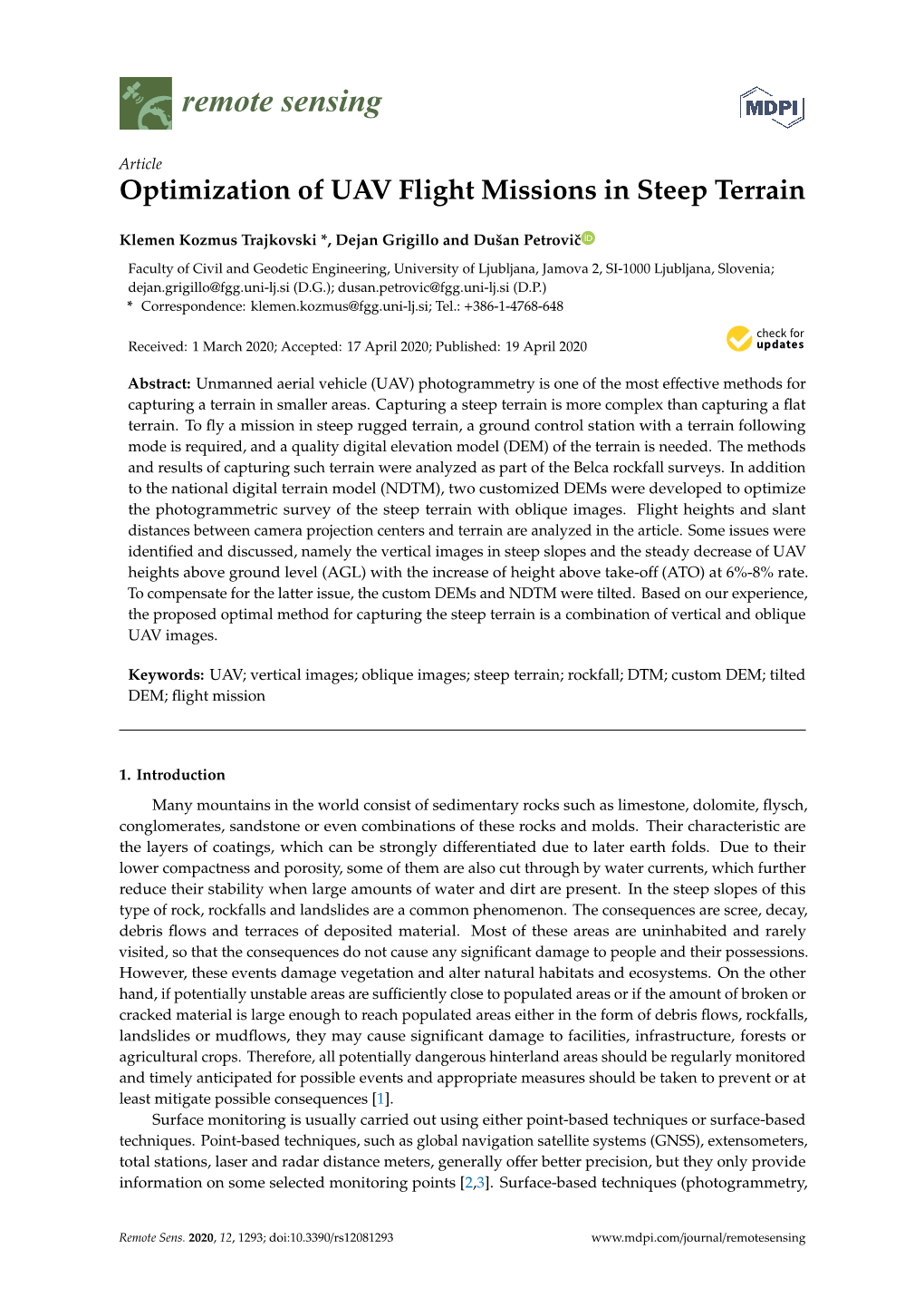 Optimization of UAV Flight Missions in Steep Terrain