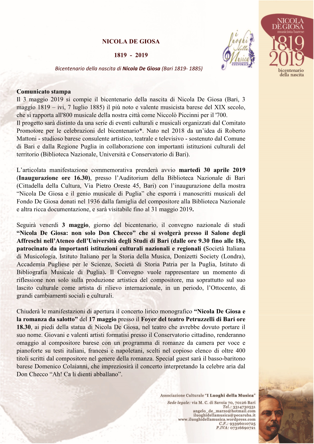 2019 Comunicato Stampa Il 3 Maggio 2019 Si Compie Il Bicentenario Della Nascita Di Nicola De Giosa