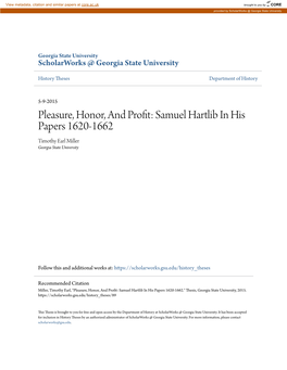 Samuel Hartlib in His Papers 1620-1662 Timothy Earl Miller Georgia State University