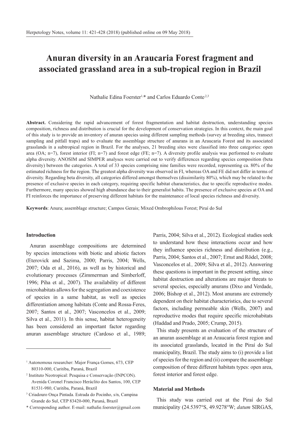 Anuran Diversity in an Araucaria Forest Fragment and Associated Grassland Area in a Sub-Tropical Region in Brazil