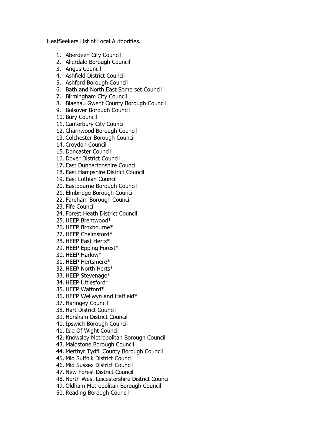 Heatseekers List of Local Authorities. 1. Aberdeen City Council 2