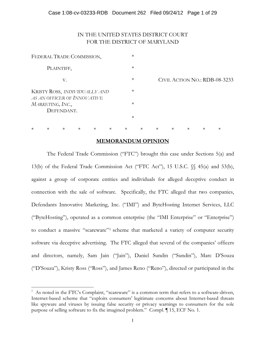 Memorandum Opinion Awarding Monetary Judgment