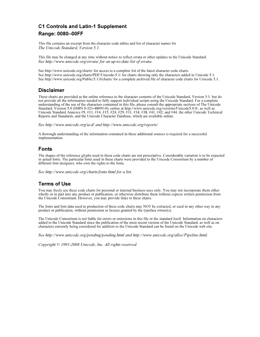 The Unicode Standard 5.1 Code Charts