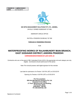 Waterproofing Works of Rajahmundry Main Branch, East Godavari District, Andhra Pradesh\ Corrigendum-Extension of Last Date- 02