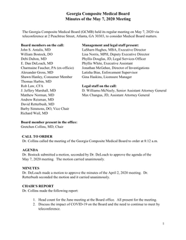 Georgia Composite Medical Board Minutes of the May 7, 2020 Meeting