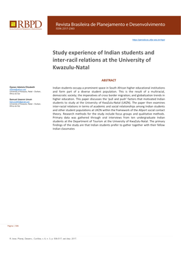 Study Experience of Indian Students and Inter-Racil Relations at the University of Kwazulu-Natal