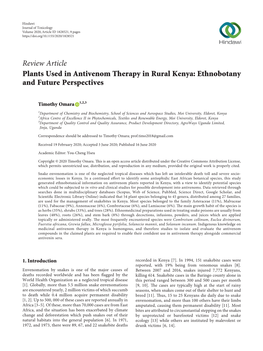 Review Article Plants Used in Antivenom Therapy in Rural Kenya: Ethnobotany and Future Perspectives