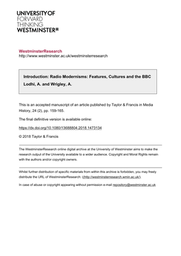 Radio Modernisms: Features, Cultures and the BBC Lodhi, A