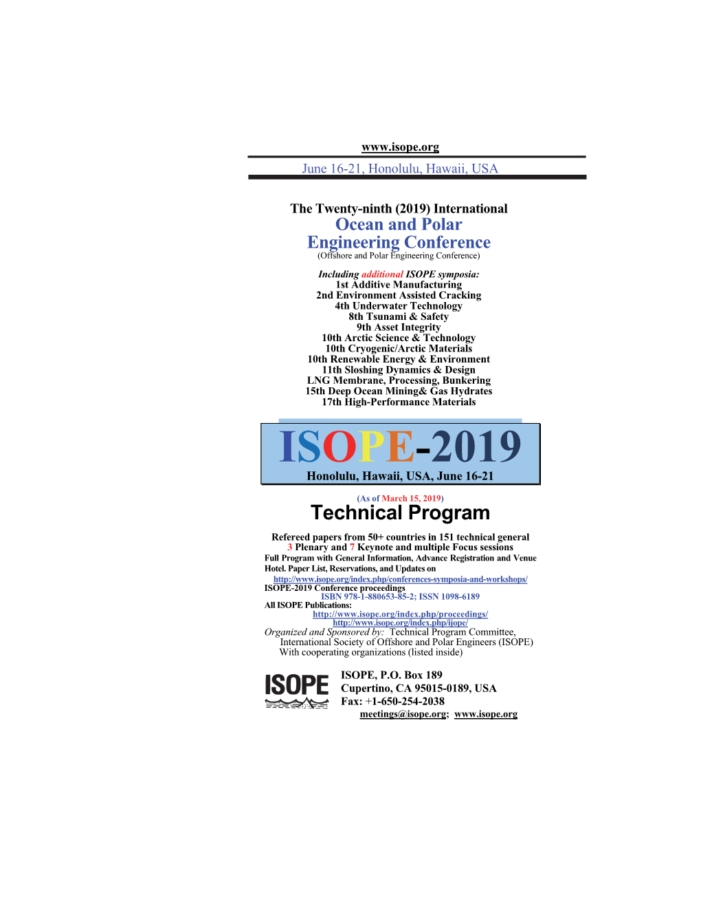 ISOPE-2019 Honolulu, Hawaii, USA, June 16-21