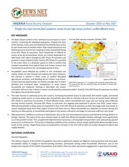 NIGERIA Food Security Outlook October 2020 to May 2021 Despite the Main Harvest, Food Assistance Needs Remain High Across Northern Conflict-Affected Areas