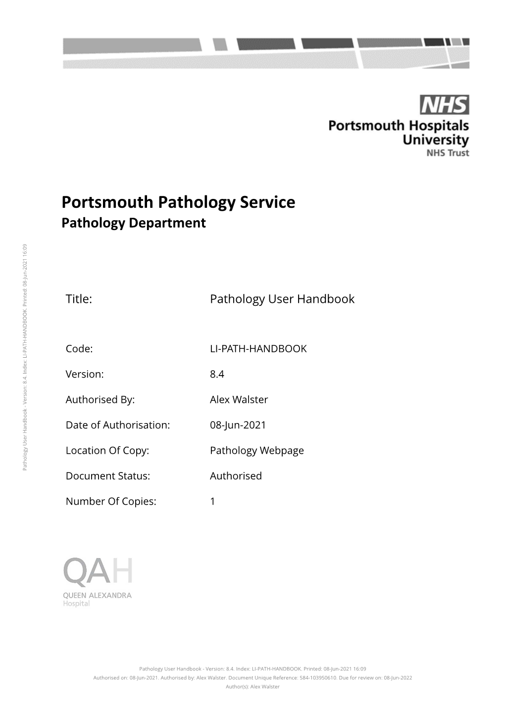 Pathology Handbook May Be Subject to Changes Within the Stated Review Date