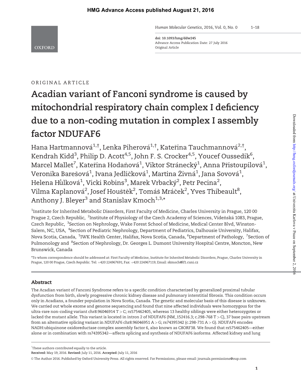Acadian Variant of Fanconi Syndrome Is Caused by Mitochondrial