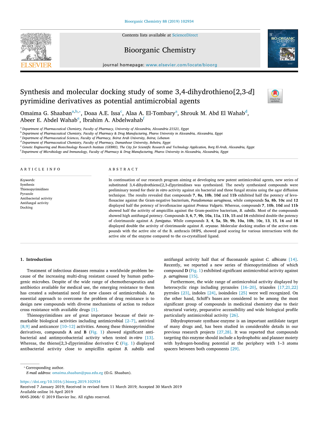 Pyrimidine Derivatives As Potential Antimicrobial Agents ⁎ Omaima G