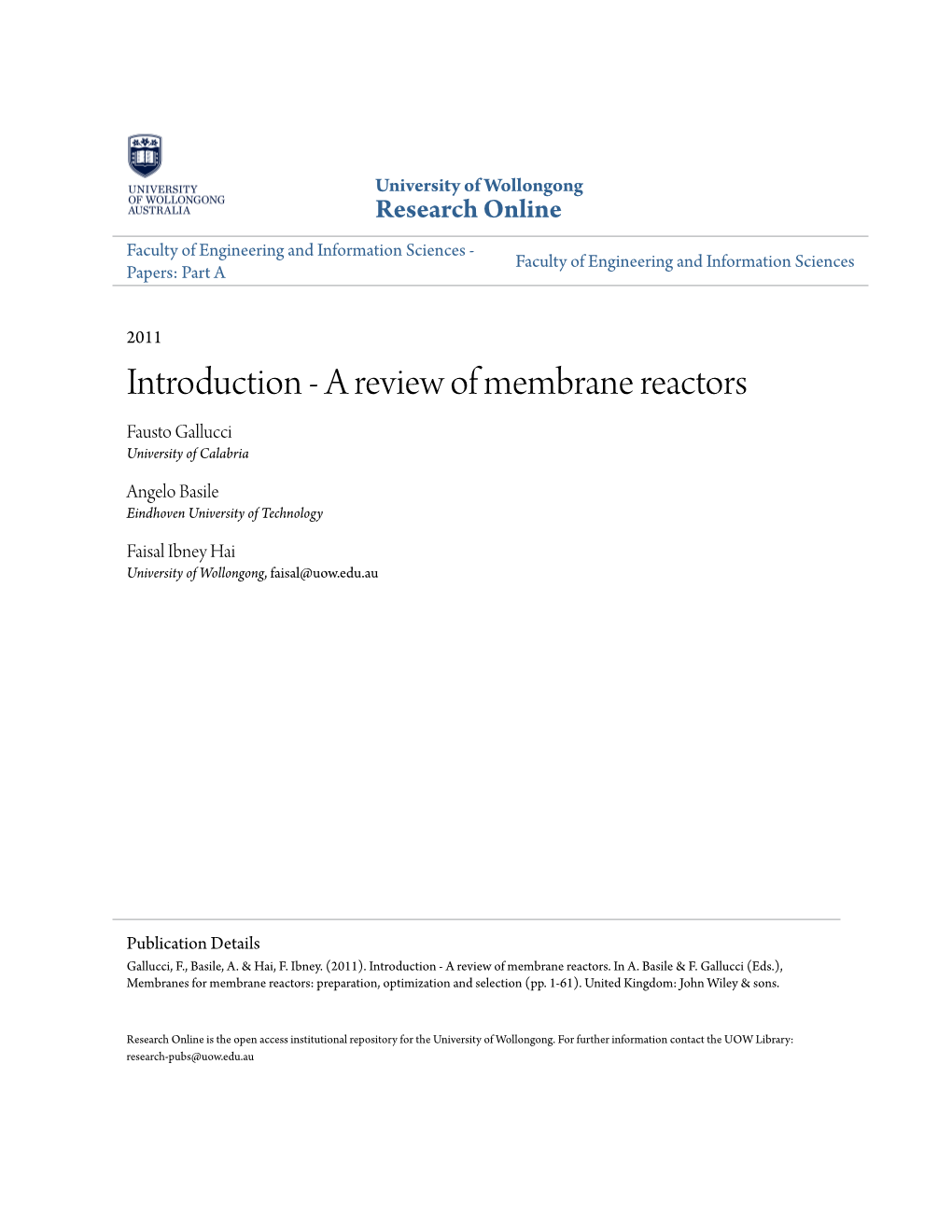 A Review of Membrane Reactors Fausto Gallucci University of Calabria