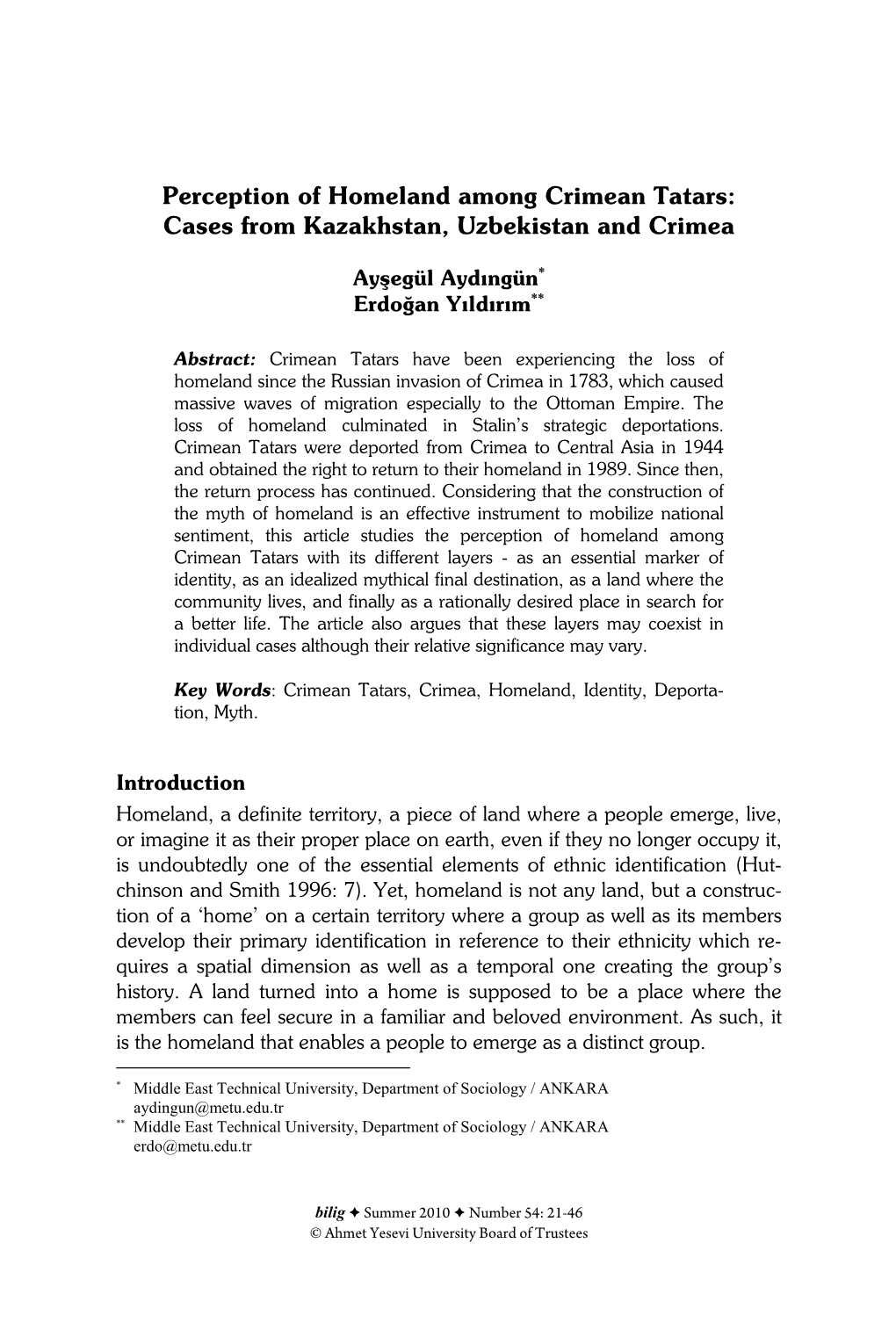 Perception of Homeland Among Crimean Tatars: Cases from Kazakhstan, Uzbekistan and Crimea