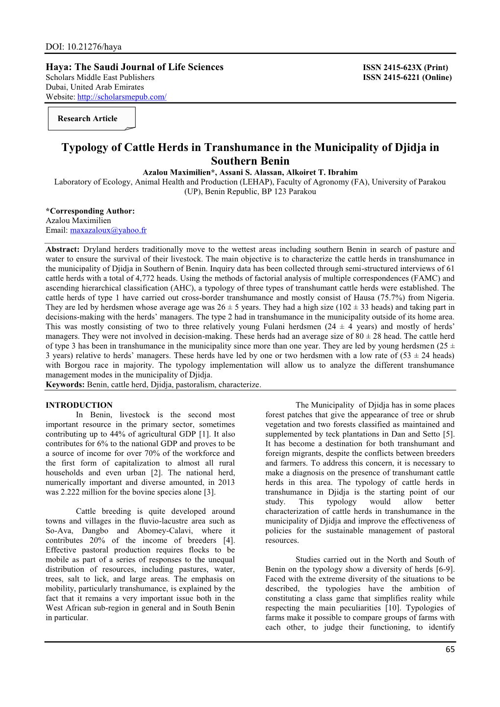 Typology of Cattle Herds in Transhumance in the Municipality of Djidja in Southern Benin Azalou Maximilien*, Assani S