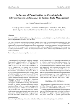 Influence of Parasitisation on Cereal Aphids (Sternorrhyncha: Aphidoidea) in Various Field Management