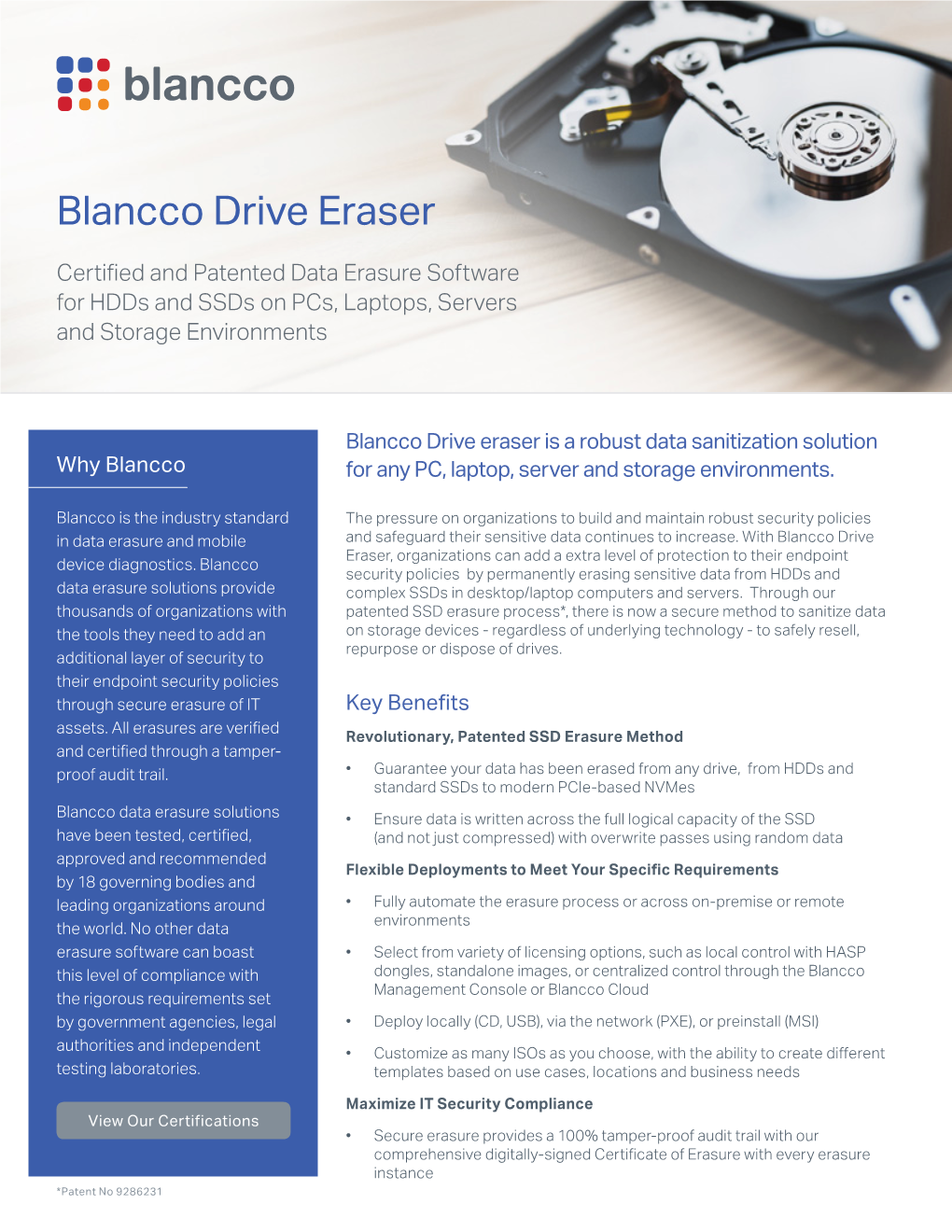 Blancco Drive Eraser Certified and Patented Data Erasure Software for Hdds and Ssds on Pcs, Laptops, Servers and Storage Environments