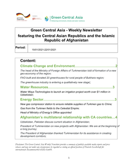 Weekly Newsletter Featuring the Central Asian Republics and the Islamic Republic of Afghanistan