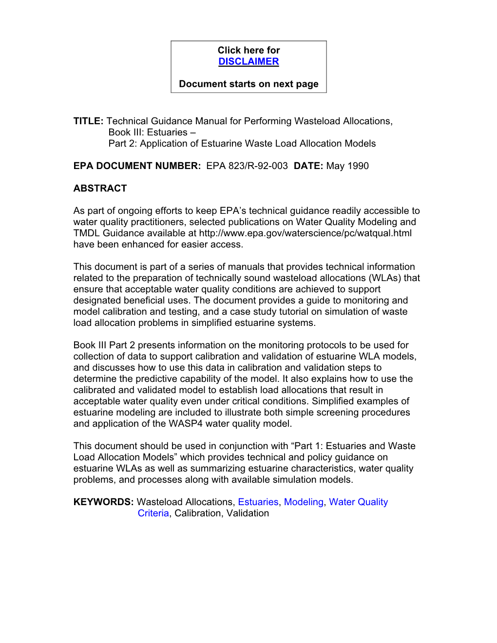 Part 2: Application of Estuarine Waste Load Allocation Models