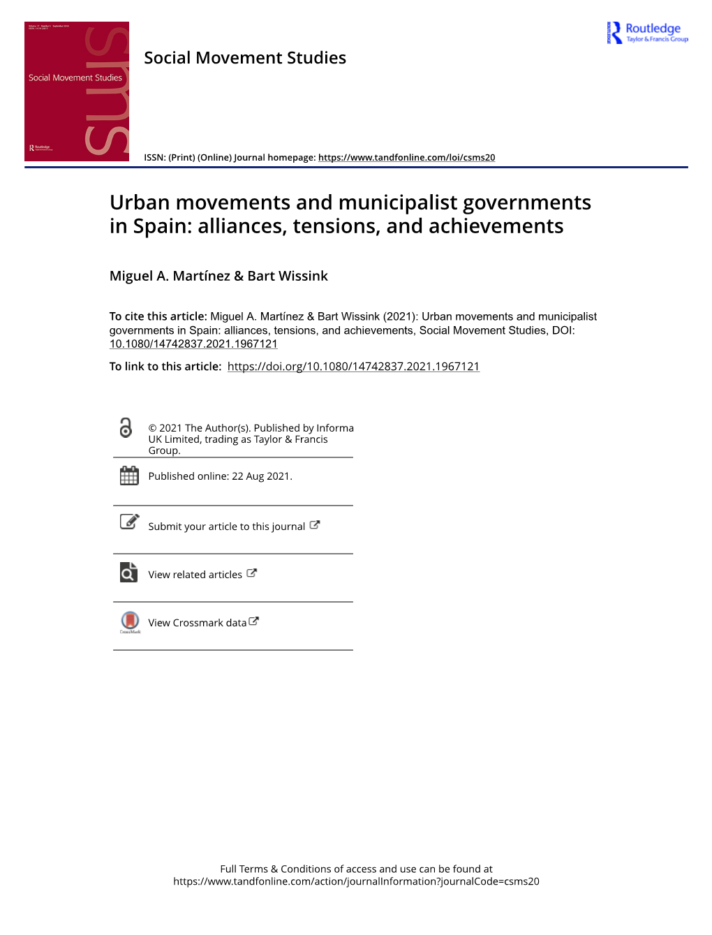 Urban Movements and Municipalist Governments in Spain: Alliances, Tensions, and Achievements