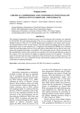 Chemical Composition and Antioxidant Potentials of Kigelia Pinnata Root Oil and Extracts