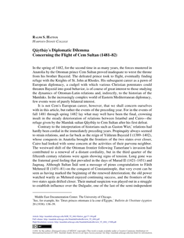Concerning the Flight of Cem Sultan (1481-82) (MSR VI, 2002)
